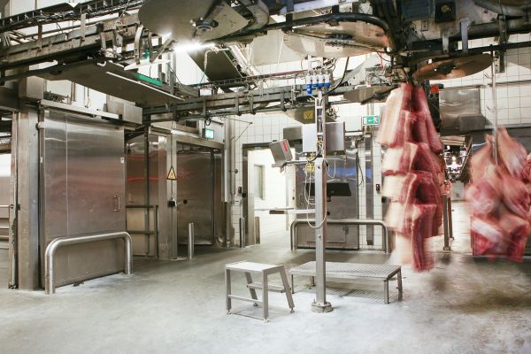 Hinged and sliding doors in stainless steel installed in connection with conveyor systems for butchery products
